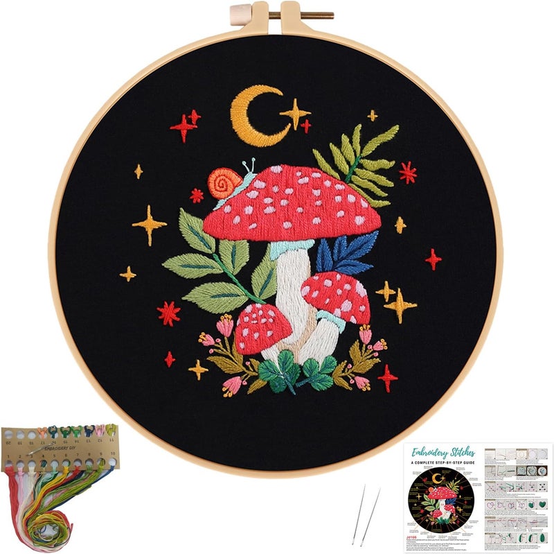 Nuberlic Mushroom Embroidery Kits for Beginner Adults Cross Stitch Kit with Stamped Pattern Include Cloth Hoops Threads Needles - Image 1